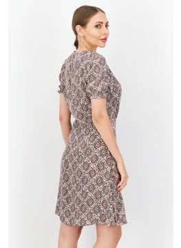 Zero Women Allover Printed Mini Dress, Beige Combo  - Image 3