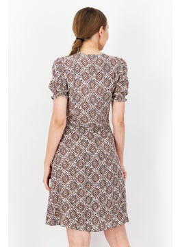 Zero Women Allover Printed Mini Dress, Beige Combo  - Image 2