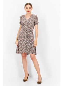 Zero Women Allover Printed Mini Dress, Beige Combo  - Image 4