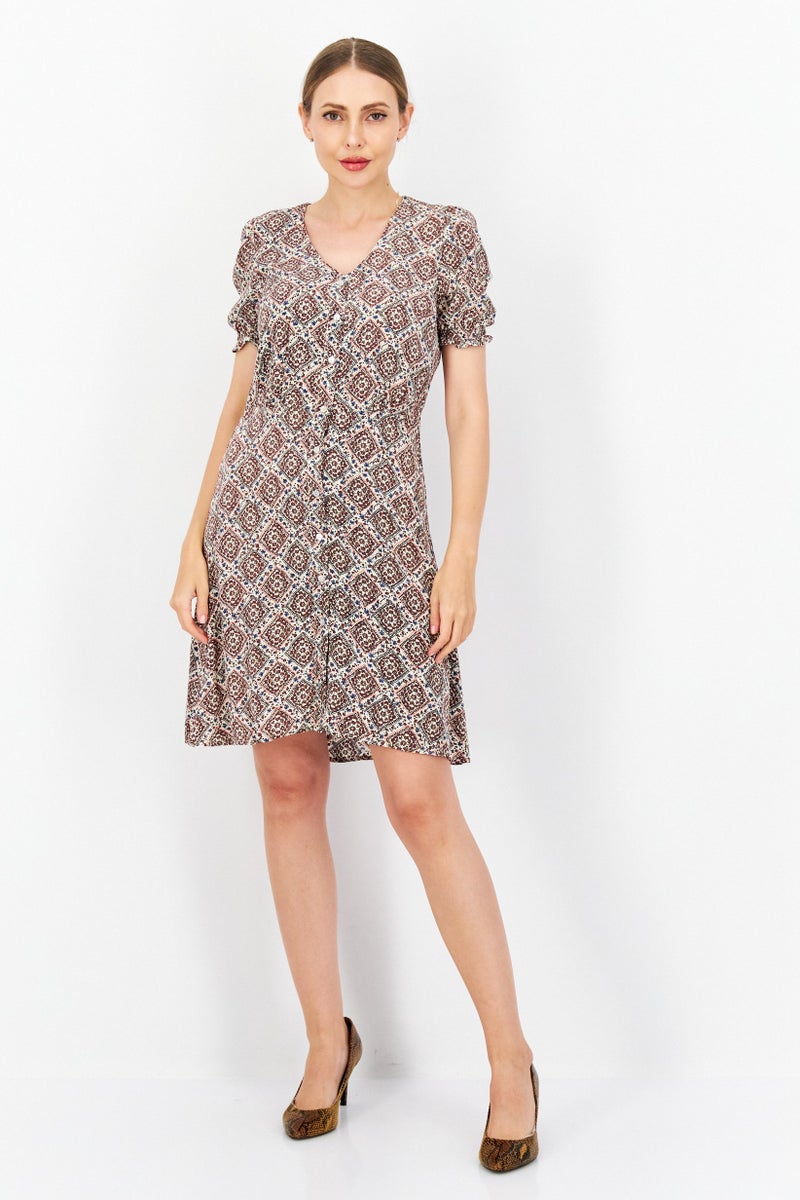 Zero Women Allover Printed Mini Dress, Beige Combo - Image 4