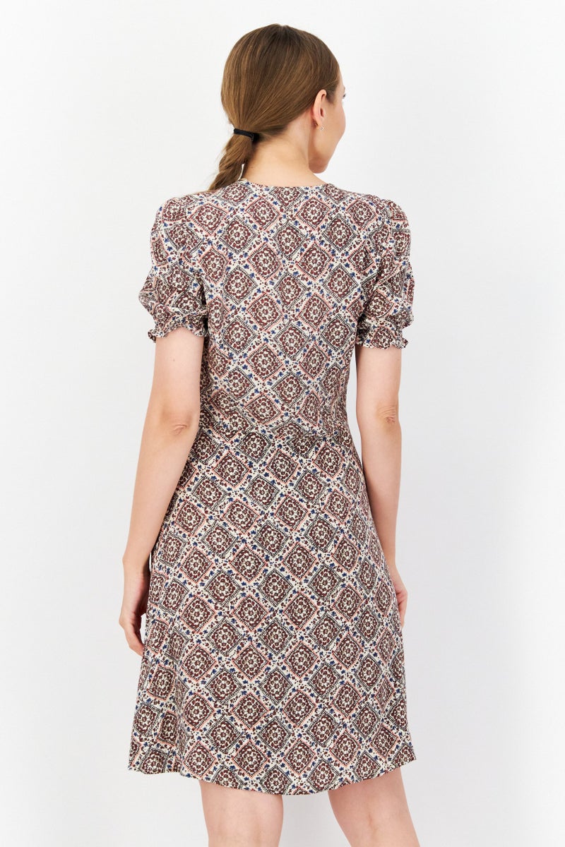 Zero Women Allover Printed Mini Dress, Beige Combo - Image 2