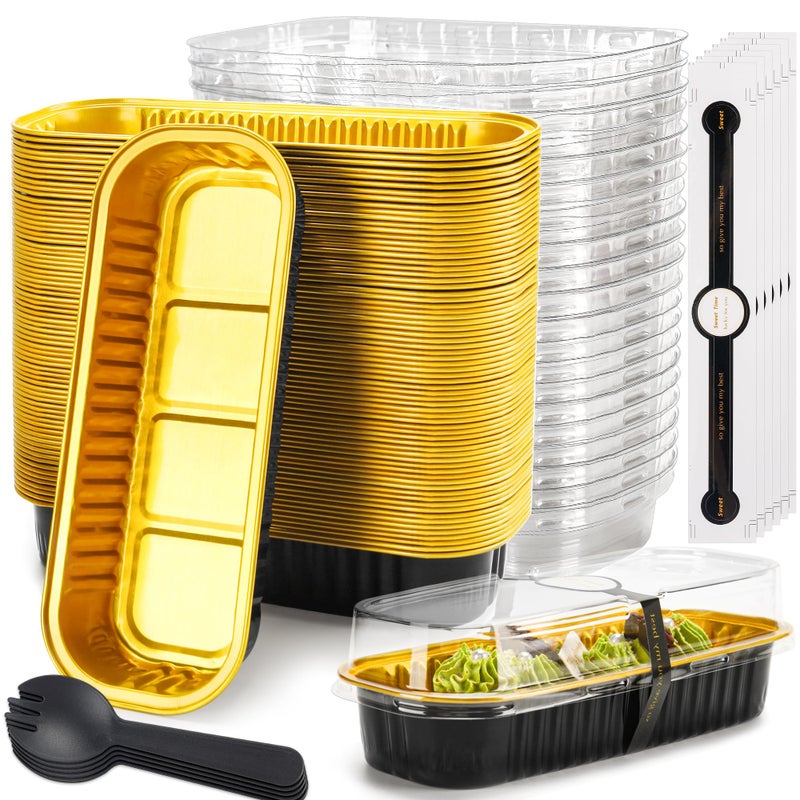 LOKQING 50 Pack Mini Loaf Pans with Lids Rectangle Individual Cake Pans Aluminum Foil Pans for Large Gatherings Picnics Vacations Parties (Black Gold, 6.8 OZ) - Image 1