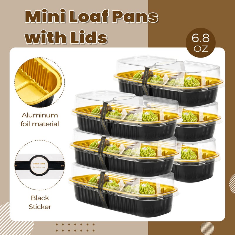 LOKQING 50 Pack Mini Loaf Pans with Lids Rectangle Individual Cake Pans Aluminum Foil Pans for Large Gatherings Picnics Vacations Parties (Black Gold, 6.8 OZ) - Image 4