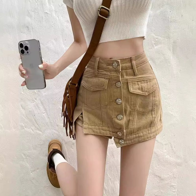 American Style New Style Hot Girl Denim Short Skirt Women's High Waist Culottes Workwear Anti-running Light Skirt Petite Design Sense Shorts Trendy - Image 2