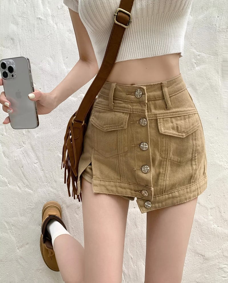 American Style New Style Hot Girl Denim Short Skirt Women's High Waist Culottes Workwear Anti-running Light Skirt Petite Design Sense Shorts Trendy - Image 1