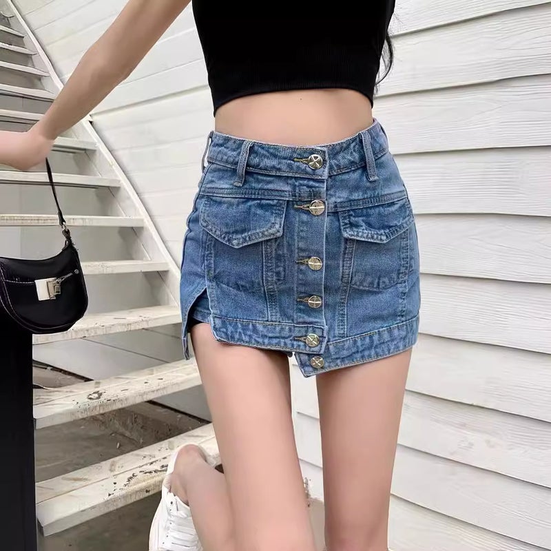 American Style New Style Hot Girl Denim Short Skirt Women's High Waist Culottes Workwear Anti-running Light Skirt Petite Design Sense Shorts Trendy - Image 5