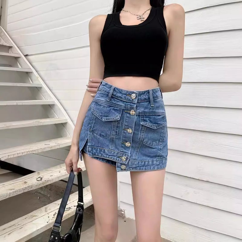 American Style New Style Hot Girl Denim Short Skirt Women's High Waist Culottes Workwear Anti-running Light Skirt Petite Design Sense Shorts Trendy - Image 3