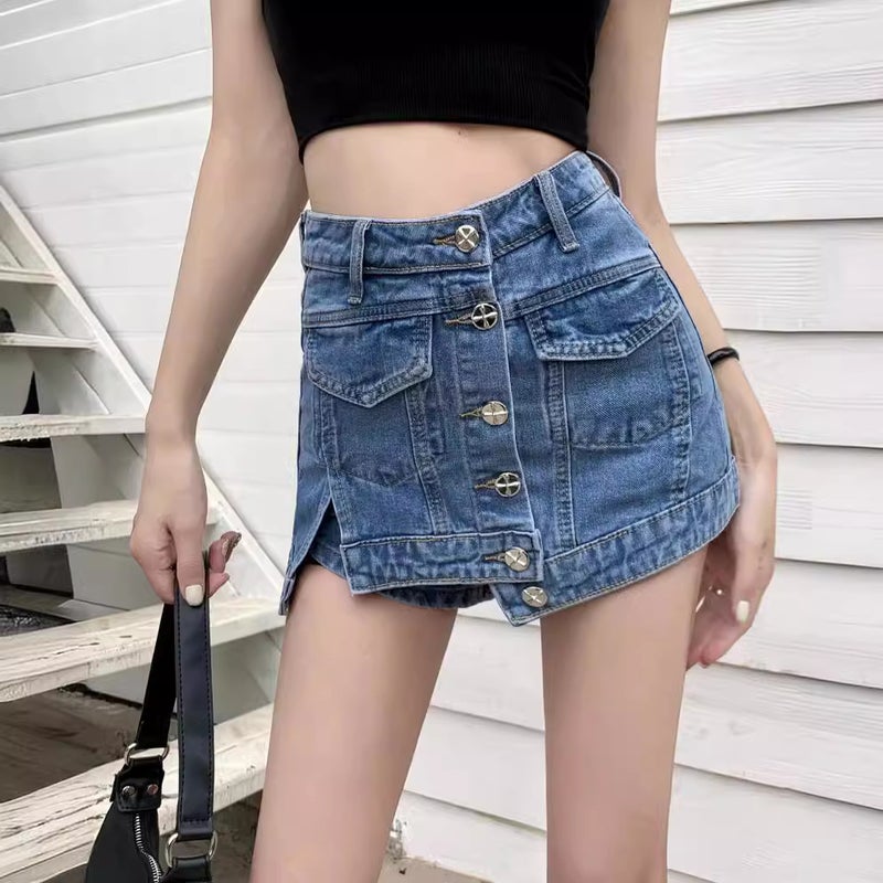 American Style New Style Hot Girl Denim Short Skirt Women's High Waist Culottes Workwear Anti-running Light Skirt Petite Design Sense Shorts Trendy - Image 4