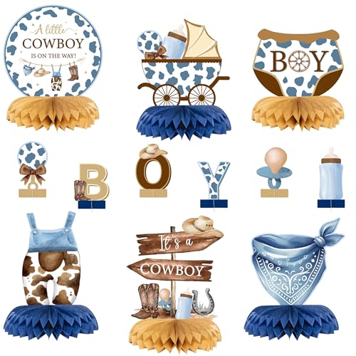 ANGOLIO 12Pcs Western Cowboy Baby Shower Party Honeycomb Centerpieces Spring Easter Gifts A Little Cowboy Is On The Way Boy Table Decor Its a Boy Baby Shower Party Decor for Gender Reveal Birthday - Image 1