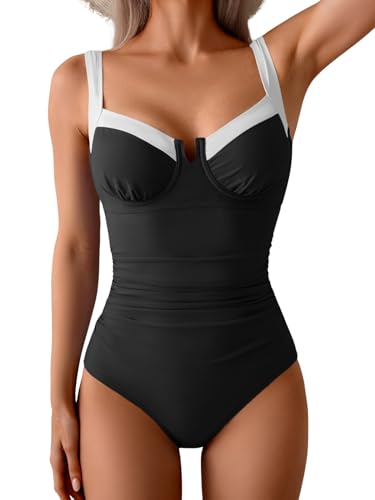 B2prity Women's Underwire One Piece Swimsuits Tummy Control Bathing Suits Push Up Swimwear Black, White - Image 1
