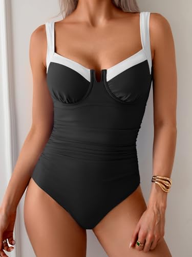 B2prity Women's Underwire One Piece Swimsuits Tummy Control Bathing Suits Push Up Swimwear Black, White - Image 2