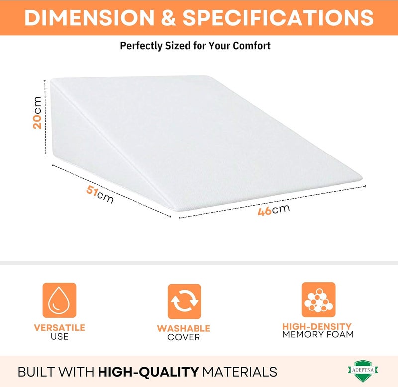 ADEPTNA Comfort Memory Foam Therapy Bed Wedge Pillow Designed for Back Neck Pain Better Breathing Circulation Acid Reflux Washable Cover Included - Image 2