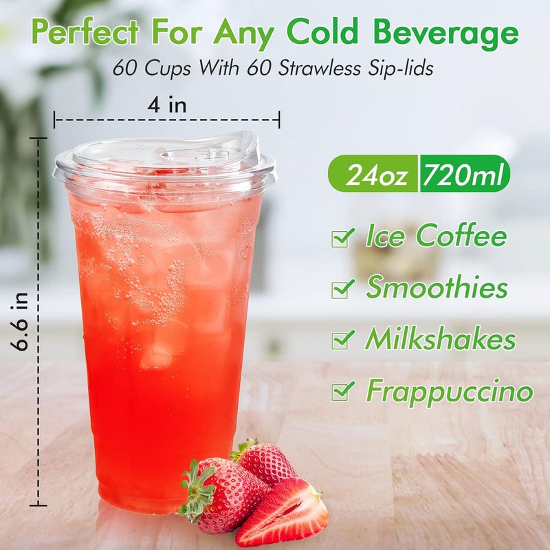 Lilymicky 60 PACK 24 oz Clear Plastic Cups With Strawless Sip Through Lids, Disposable, for Ice Coffee, Smoothie, Slurpee, or Any Cold Drinks - Image 2