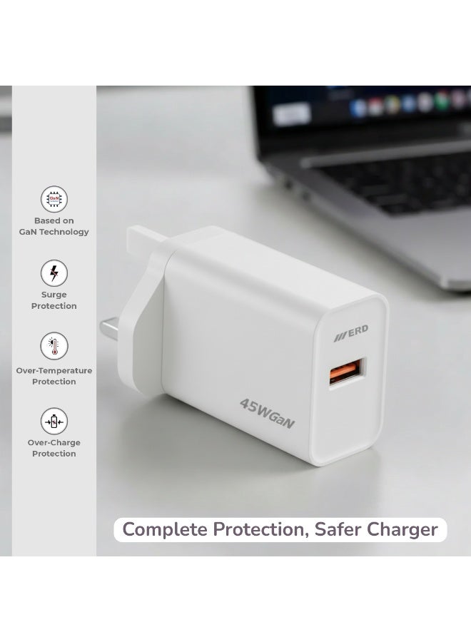 ERD شاحن سريع ERD TCU-661 بقوة 45 واط بتقنية GaN مع كابل USB-A إلى USB-C 65 واط | تقنية نيتريد الغاليوم عالية الكفاءة | توافق عالمي مع MacBook Air و iPhone 15/14/13 Pro Max و iPad و Samsung Galaxy وأجهزة الكمبيوتر المحمولة USB-C | محول سفر فائق الصغر مع حماية متعددة الطبقات (أبيض) - Image 3