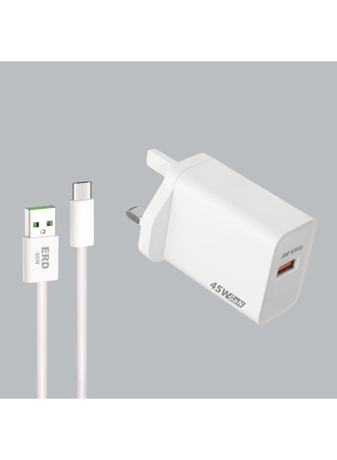 ERD شاحن سريع ERD TCU-661 بقوة 45 واط بتقنية GaN مع كابل USB-A إلى USB-C 65 واط | تقنية نيتريد الغاليوم عالية الكفاءة | توافق عالمي مع MacBook Air و iPhone 15/14/13 Pro Max و iPad و Samsung Galaxy وأجهزة الكمبيوتر المحمولة USB-C | محول سفر فائق الصغر مع حماية متعددة الطبقات (أبيض) - Image 2