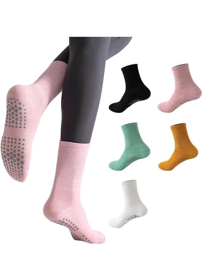 5 Pairs Women's Anti Slip Yoga Socks Ideal for Yoga Pilates Dance Fitness Mid Calf Candy Colored Cotton Socks - Image 1