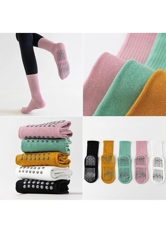 5 Pairs Women's Anti Slip Yoga Socks Ideal for Yoga Pilates Dance Fitness Mid Calf Candy Colored Cotton Socks - Image 2