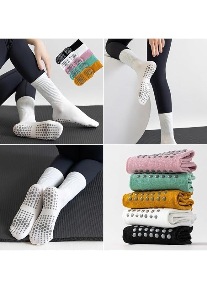 5 Pairs Women's Anti Slip Yoga Socks Ideal for Yoga Pilates Dance Fitness Mid Calf Candy Colored Cotton Socks - Image 3