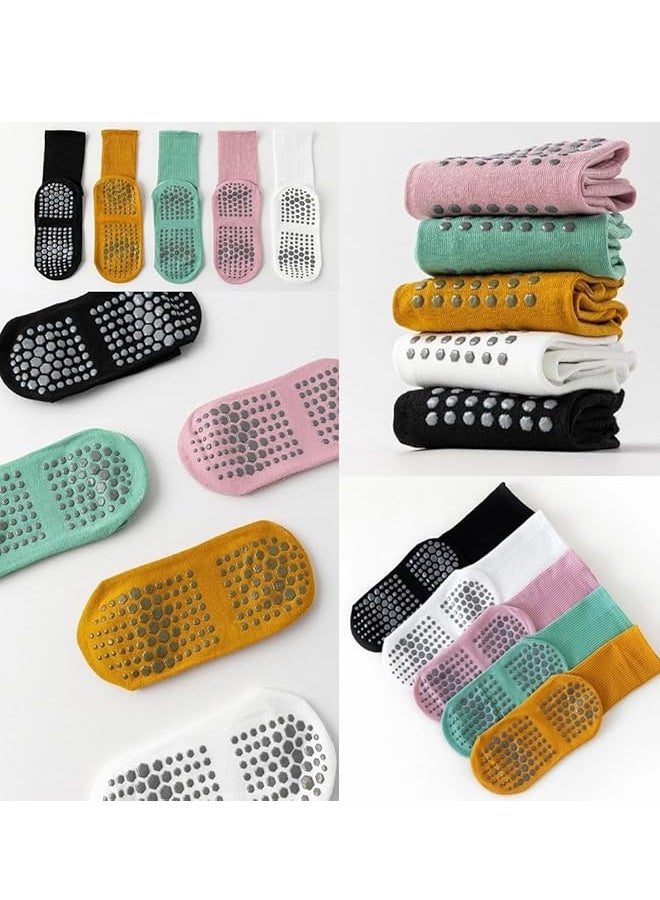 5 Pairs Women's Anti Slip Yoga Socks Ideal for Yoga Pilates Dance Fitness Mid Calf Candy Colored Cotton Socks - Image 4