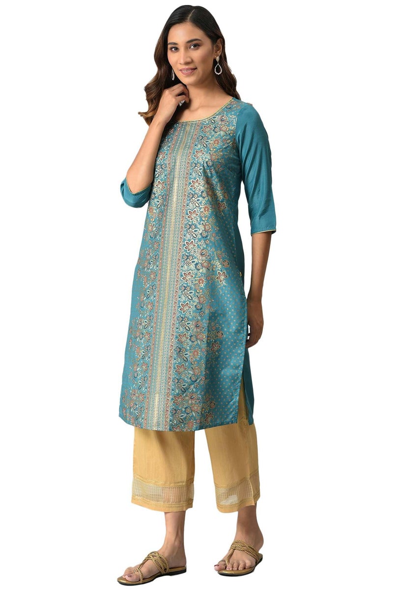 Aurelia Green Floral Printed Sequined Ethnic Kurta - Image 3