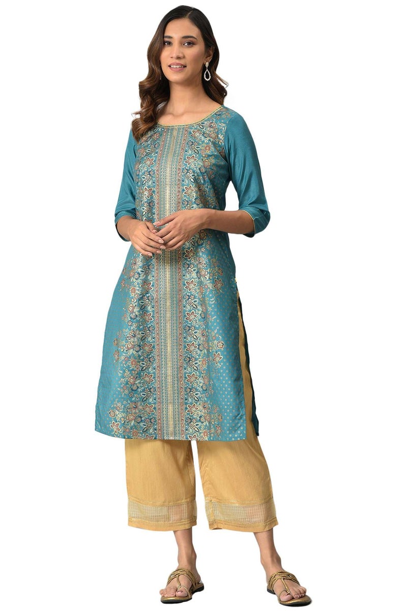 Aurelia Green Floral Printed Sequined Ethnic Kurta - Image 5