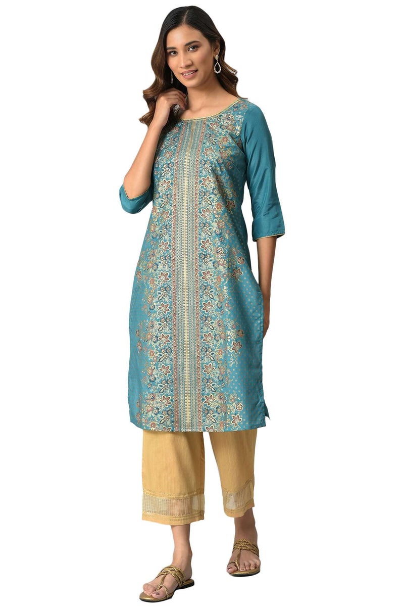 Aurelia Green Floral Printed Sequined Ethnic Kurta - Image 1