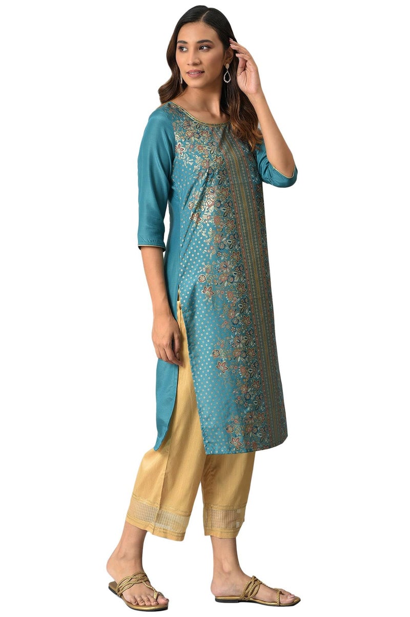 Aurelia Green Floral Printed Sequined Ethnic Kurta - Image 4