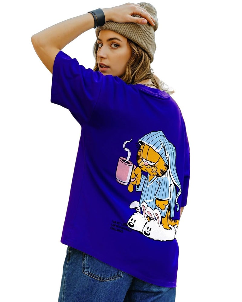 Bewakoof X Official Garfield Merchandise Women's Lazy Garfield Graphic Printed 100% Cotton T-Shirt - Oversized Fit, Round Neck, Half Sleeves, Blue, XS - Image 1