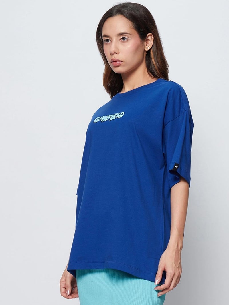 Bewakoof X Official Garfield Merchandise Women's Lazy Garfield Graphic Printed 100% Cotton T-Shirt - Oversized Fit, Round Neck, Half Sleeves, Blue, XS - Image 4