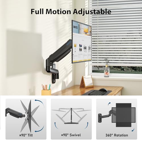BONTEC Monitor Wall Mount Arm, VESA Gas Spring Height Adjustable, for 13-42 Inch Screens, Max 19.8lbs, Swivel, Tilt, Space-Saving Desk Mount, Easy Installation, Single Arm TV Mount, Max VESA 200x200 - Image 3