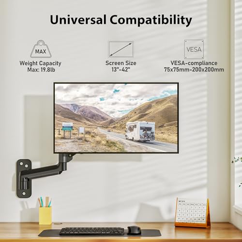 BONTEC Monitor Wall Mount Arm, VESA Gas Spring Height Adjustable, for 13-42 Inch Screens, Max 19.8lbs, Swivel, Tilt, Space-Saving Desk Mount, Easy Installation, Single Arm TV Mount, Max VESA 200x200 - Image 2