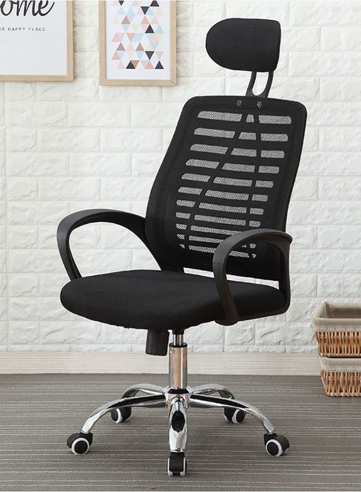 كرسي مكتب منزلي، كرسي كمبيوتر، كرسي مكتب دوار قابل لتعديل الارتفاع مع مسند للظهر ومساند للذراعين ومسند للرأس وعجلات للعمل والدراسة، أسود - Image 1