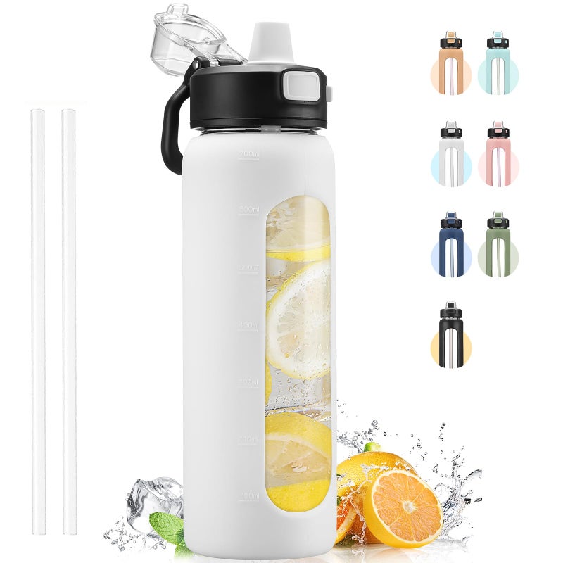 Kodrine Water Bottle With Straw and Carry Handle  Glass Water Bottle 24 oz Leak Proof Locking Lid with Soft Silicone Spout  Small Clear Water Bottle  Travel Sports Water Jug  Time Marker  White - Image 1