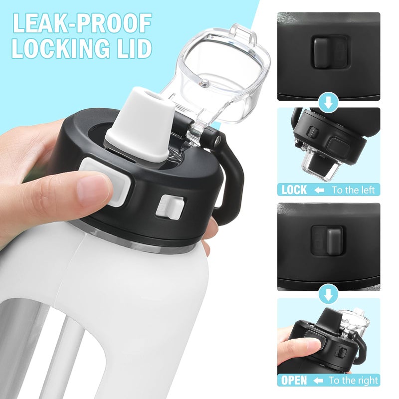 Kodrine Water Bottle With Straw and Carry Handle  Glass Water Bottle 24 oz Leak Proof Locking Lid with Soft Silicone Spout  Small Clear Water Bottle  Travel Sports Water Jug  Time Marker  White - Image 2