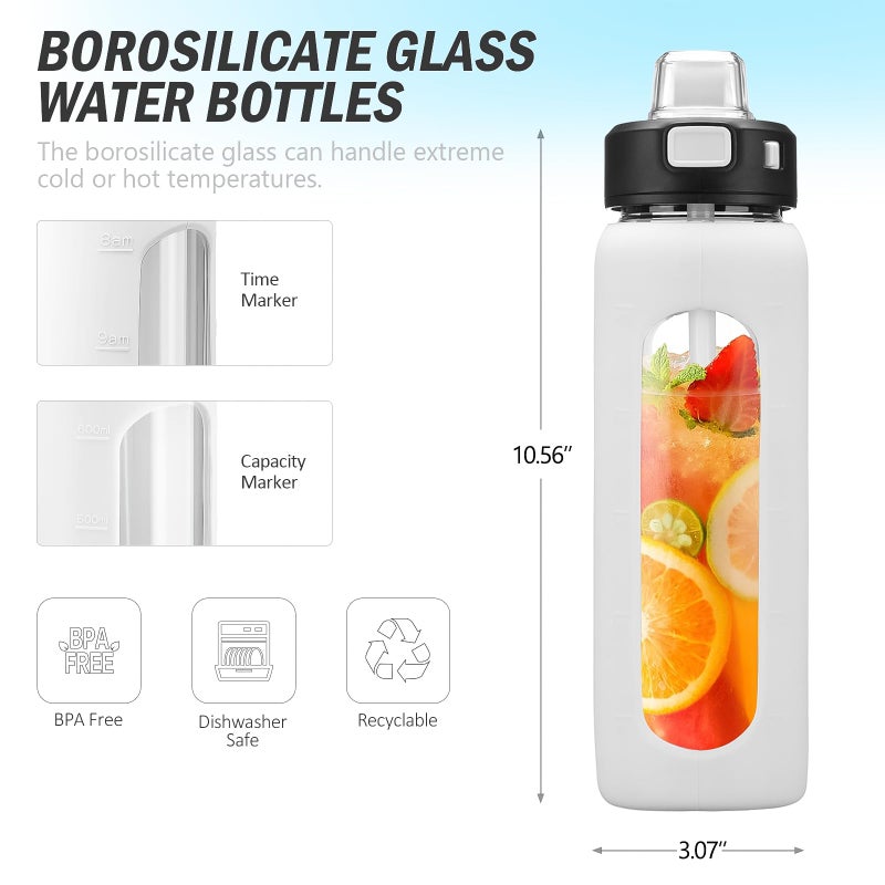 Kodrine Water Bottle With Straw and Carry Handle  Glass Water Bottle 24 oz Leak Proof Locking Lid with Soft Silicone Spout  Small Clear Water Bottle  Travel Sports Water Jug  Time Marker  White - Image 3