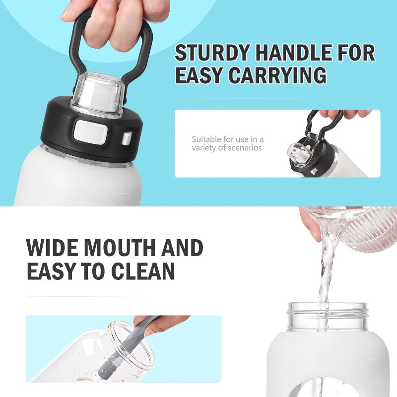 Kodrine Water Bottle With Straw and Carry Handle  Glass Water Bottle 24 oz Leak Proof Locking Lid with Soft Silicone Spout  Small Clear Water Bottle  Travel Sports Water Jug  Time Marker  White - Image 4