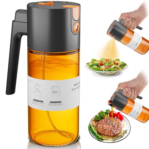 OURCABECUE Upgrade 2 in 1 Oil Sprayer for Cooking, 17oz Light-Blocking Glass Olive Oil Dispenser Bottle for Kitchen,Food-Grade Oil Mister with 8 Stickers for Salad, Frying(Amber Bottle-Black Gap) - Image 1