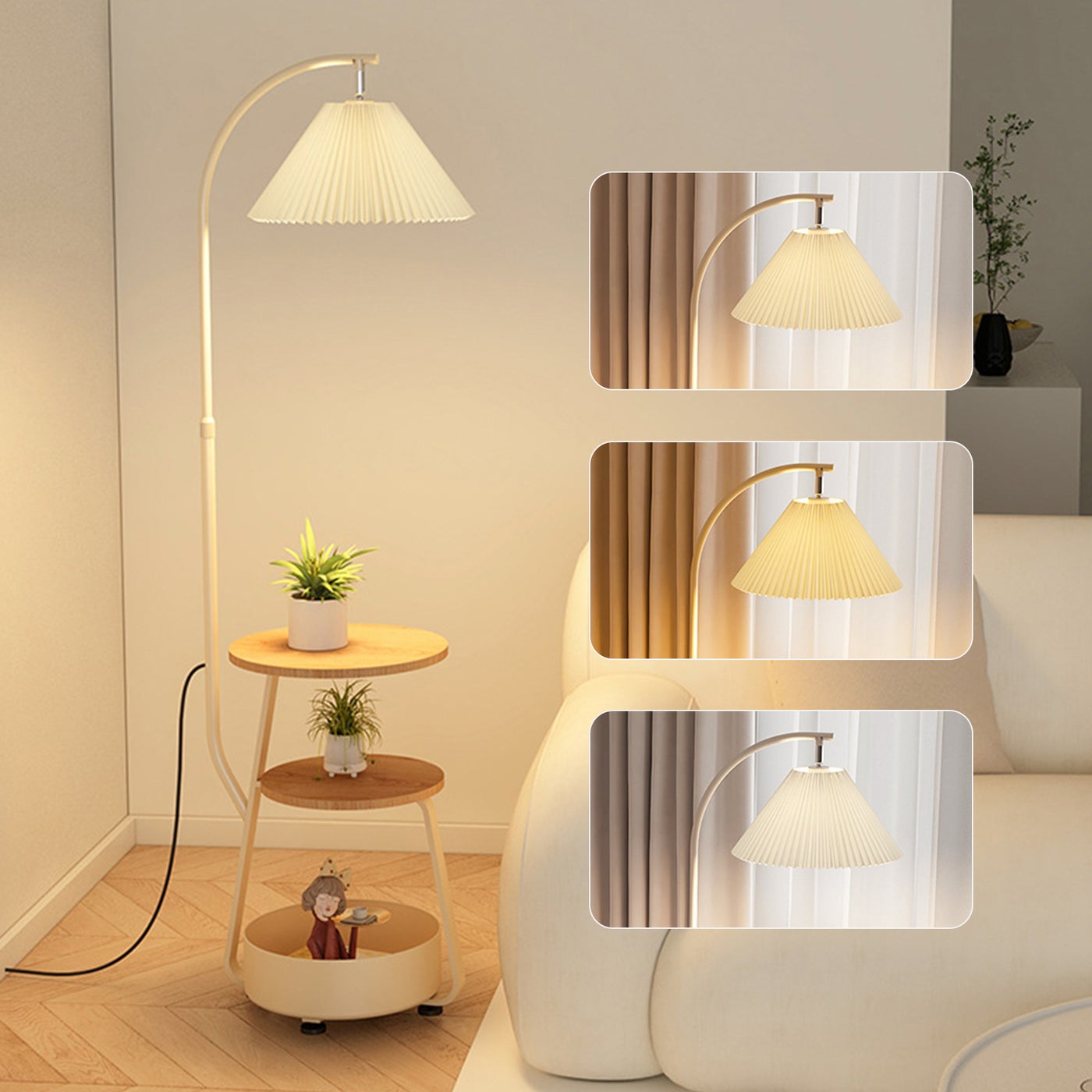Nordic Curved Floor Lamp,Standing lamp With 3-Layer Side Table and Storage Drawer, Multi-functional Living Room and Bedroom Desk Lamp, Suitable for Reading and Decoration