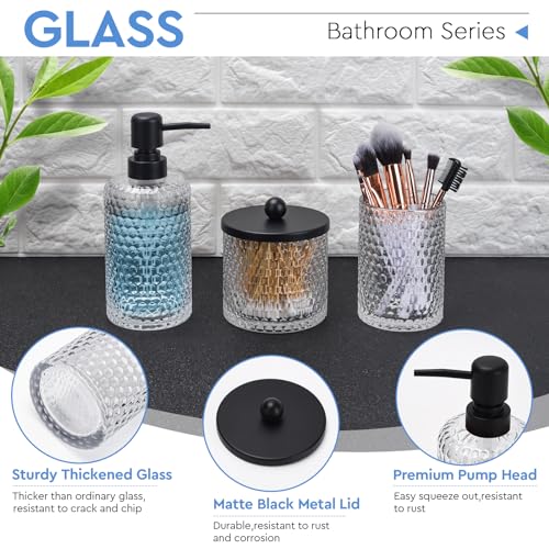 Deobath Bathroom Accessory Set,4 Pcs Clear Glass Bathroom Accessories Set-Lotion Soap Dispenser,Toothbrush Holder,Qtip Holder Dispenser & Resin Vanity Tray,Countertop Vanity Organizer,Crystal Clear - Image 3