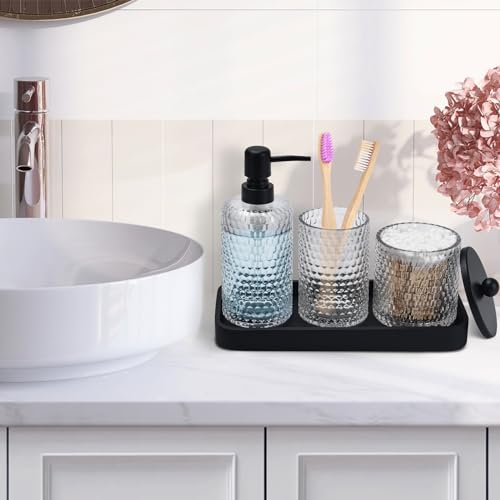 Deobath Bathroom Accessory Set,4 Pcs Clear Glass Bathroom Accessories Set-Lotion Soap Dispenser,Toothbrush Holder,Qtip Holder Dispenser & Resin Vanity Tray,Countertop Vanity Organizer,Crystal Clear - Image 2