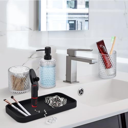 Deobath Bathroom Accessory Set,4 Pcs Clear Glass Bathroom Accessories Set-Lotion Soap Dispenser,Toothbrush Holder,Qtip Holder Dispenser & Resin Vanity Tray,Countertop Vanity Organizer,Crystal Clear - Image 4