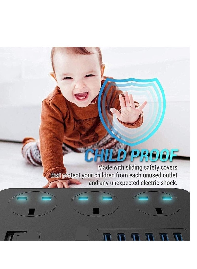 Power Strip with USB Ports - Universal Power Socket 3 Outlets Surge Protector 6 Quick USB (5V 3.4A 17W) - Charging Station with 6.5ft Bold Cord, 2500W Circuit Breaker Child Safe Door - Image 4