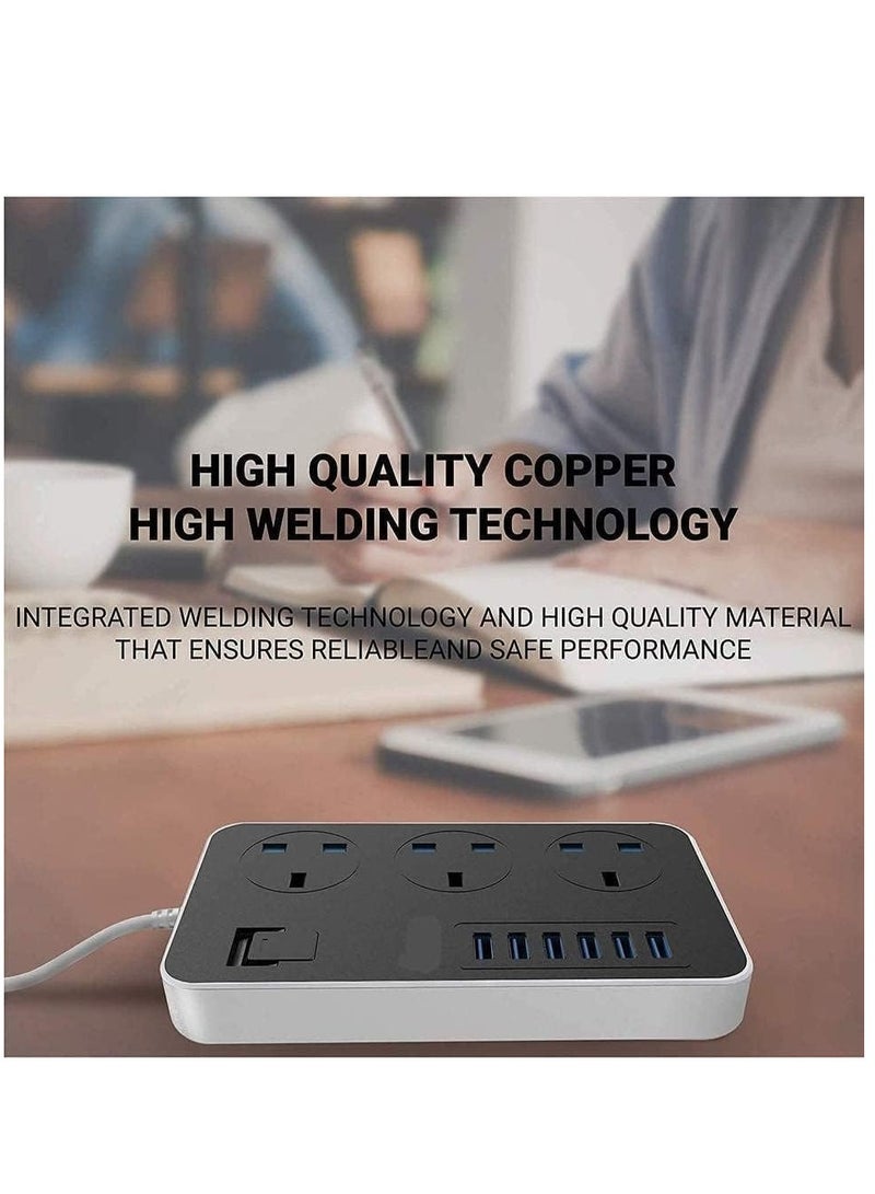 Power Strip with USB Ports - Universal Power Socket 3 Outlets Surge Protector 6 Quick USB (5V 3.4A 17W) - Charging Station with 6.5ft Bold Cord, 2500W Circuit Breaker Child Safe Door - Image 5