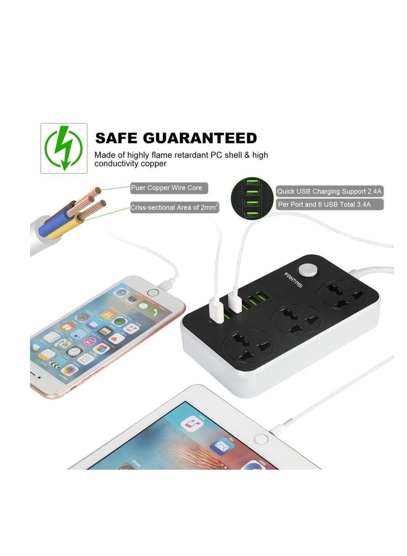 Power Strip with USB Ports - Universal Power Socket 3 Outlets Surge Protector 6 Quick USB (5V 3.4A 17W) - Charging Station with 6.5ft Bold Cord, 2500W Circuit Breaker Child Safe Door - Image 2