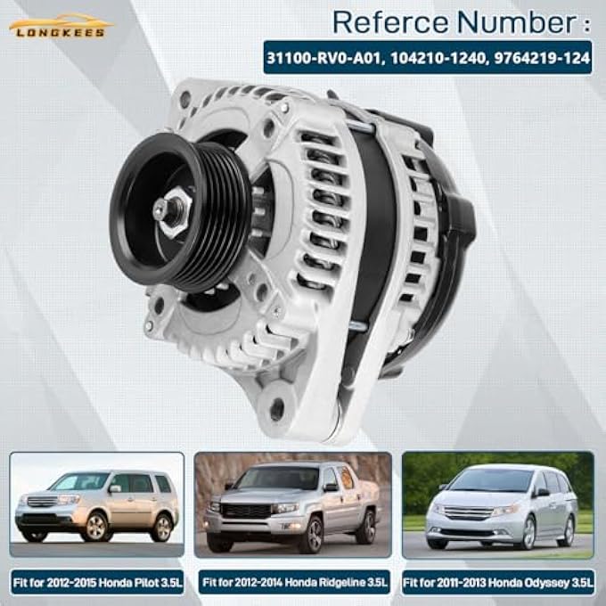 LONGKEES 11573 Alternator FIT 20112013 Honda Odyssey, 20122015 Pilot, 20122014 Ridgeline V6 3.5L 12V 130A 6-Groove Pulley Replace OE# 31100-RV0-A01, 104210-1240, 9764219-124 - Image 2