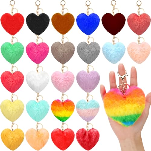 Equsion 24 Pcs Heart Pom Keychain Bulk Colored Faux Fur Pom Gift for Mom Keychains Wholesale for Mothers day and women Multicolor - Image 1