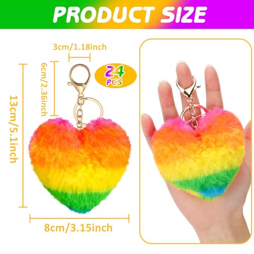 Equsion 24 Pcs Heart Pom Keychain Bulk Colored Faux Fur Pom Gift for Mom Keychains Wholesale for Mothers day and women Multicolor - Image 3
