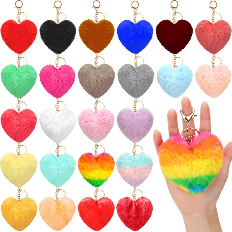Equsion 24 Pcs Heart Pom Keychain Bulk Colored Faux Fur Pom Gift for Mom Keychains Wholesale for Mothers day and women Multicolor - Image 2