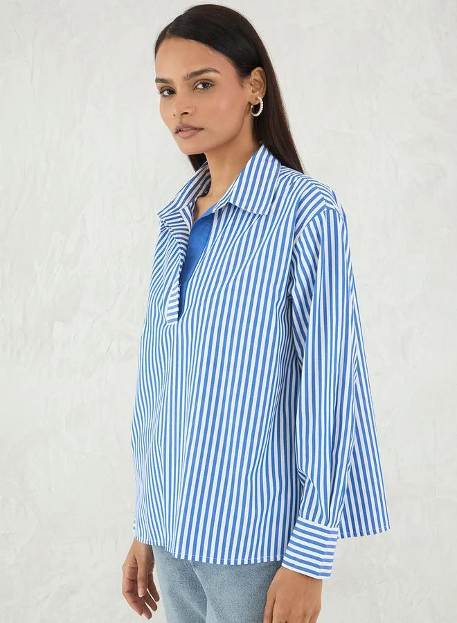 Femmella  Femmella Striped Oversized Spread Collar Shirt for Women | Best Price UAE