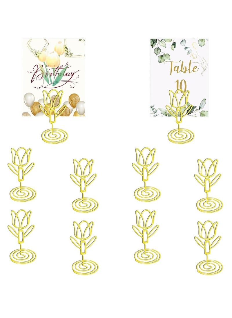 Generic Table Number Place Card Holders 10 PCS Gold Tulip Shape Photos Card Stand Business Card Card Holders for Wedding Party Mini Photo Playing Cards Holder Picture Menu Memo Clips  - Image 1